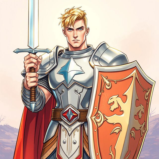 An illustration of a handsome human paladin inspired by Dungeons & Dragons, depicted in a detailed drawing style