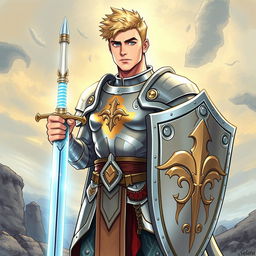 An illustration of a handsome human paladin inspired by Dungeons & Dragons, depicted in a detailed drawing style