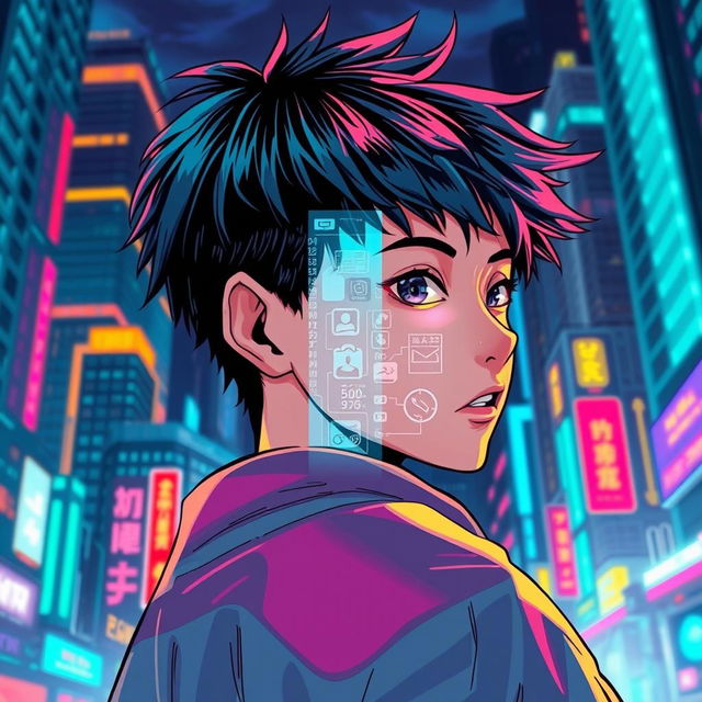 A teenager looking back with a holographic window in front of him, in a vibrant and colorful manhwa style