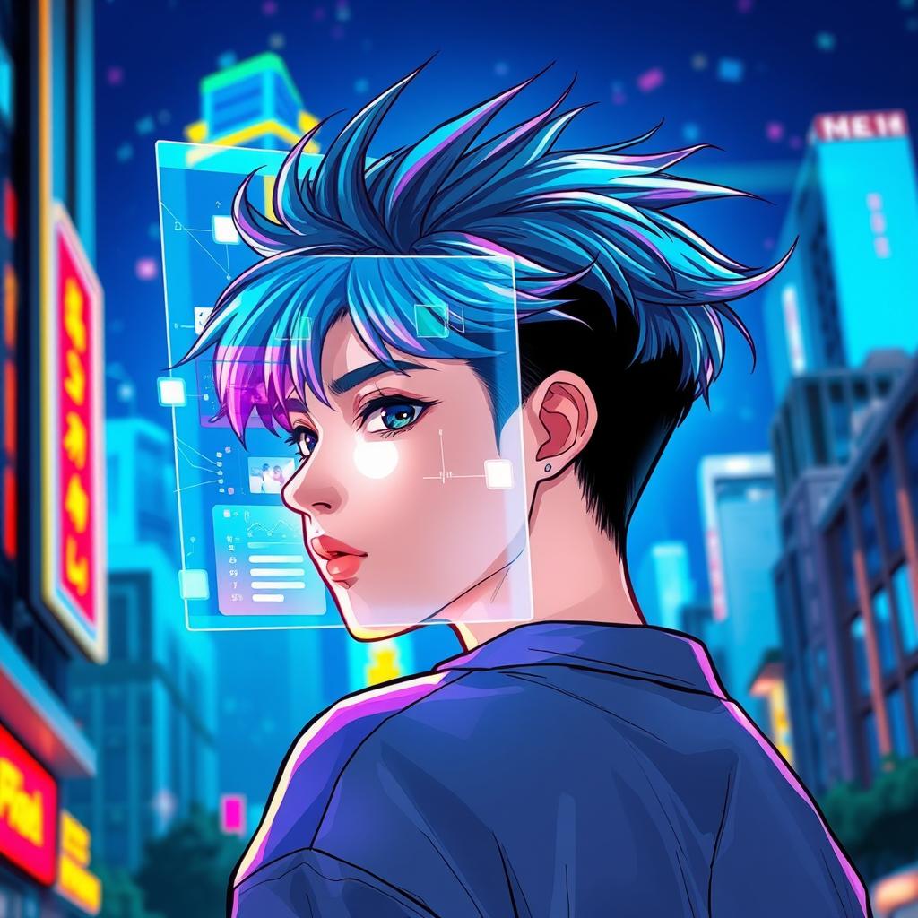 A teenager looking back with a holographic window in front of him, in a vibrant and colorful manhwa style