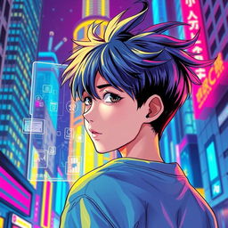 A teenager looking back with a holographic window in front of him, in a vibrant and colorful manhwa style