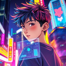 A teenager looking back with a holographic window in front of him, in a vibrant and colorful manhwa style
