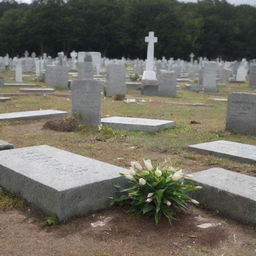 A peaceful cemetery scene three years post-disaster. A fresh grave lies beside the weathered tombstone of the man's mother, marking the final resting place of the man who survived the tsunami but is now at peace