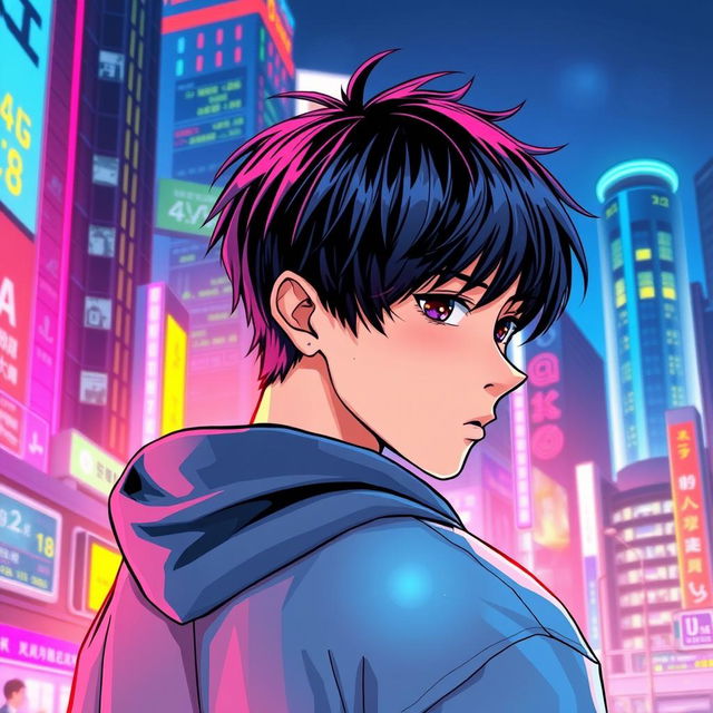 A teenager with black hair looking back with a holographic window in front of him, illustrated in a vibrant and colorful manhwa style