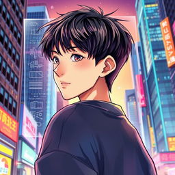 A teenager with black hair looking back with a holographic window in front of him, illustrated in a vibrant and colorful manhwa style