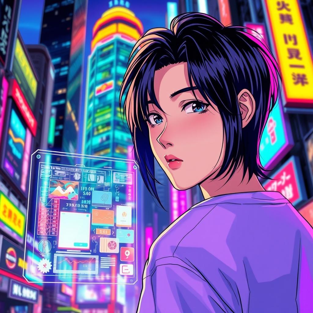 A teenager with black hair looking back with a holographic window in front of him, illustrated in a vibrant and colorful manhwa style