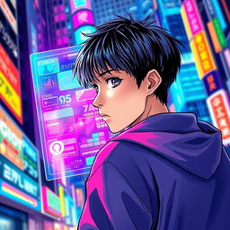 A teenager with black hair looking back with a holographic window in front of him, illustrated in a vibrant and colorful manhwa style
