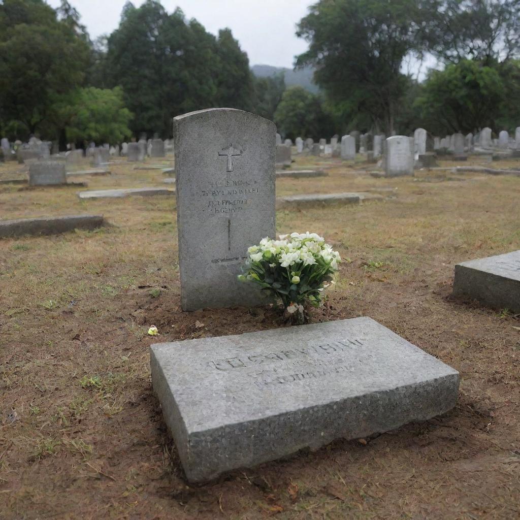 A peaceful cemetery scene three years post-disaster. A fresh grave lies beside the weathered tombstone of the man's mother, marking the final resting place of the man who survived the tsunami but is now at peace