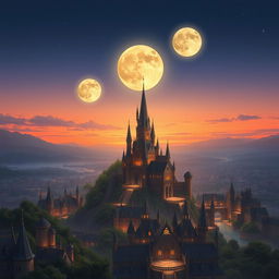 Three different sized moons beginning to overlap in the early evening sky, casting enchanting light over a sprawling fantasy city that features a majestic castle rising high above the rooftops