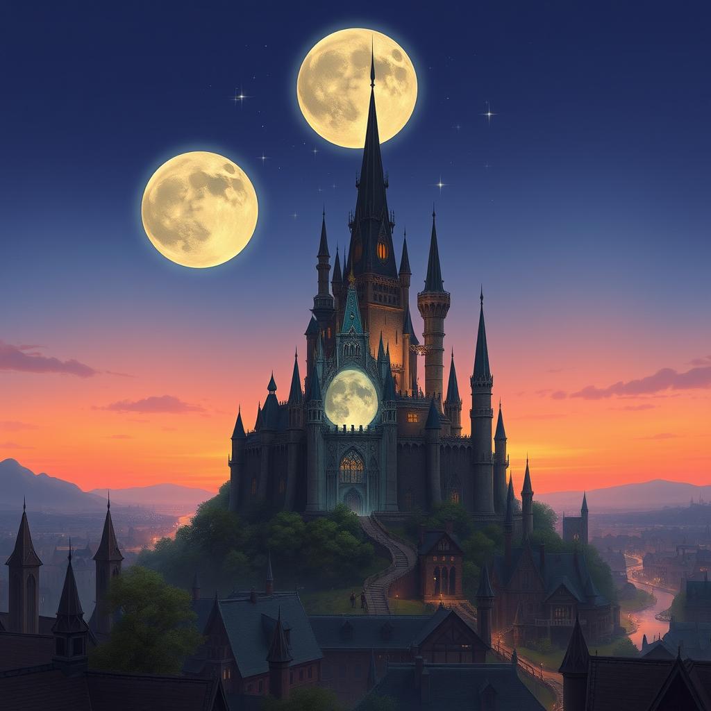 Three different sized moons beginning to overlap in the early evening sky, casting enchanting light over a sprawling fantasy city that features a majestic castle rising high above the rooftops