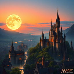 Three different sized moons beginning to overlap in the early evening sky, casting enchanting light over a sprawling fantasy city that features a majestic castle rising high above the rooftops