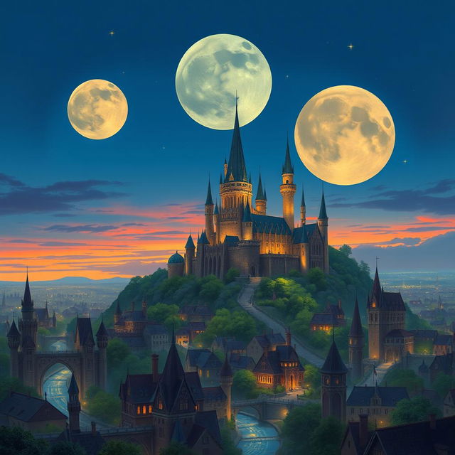 Three different sized moons beginning to overlap in the early evening sky, casting enchanting light over a sprawling fantasy city that features a majestic castle rising high above the rooftops