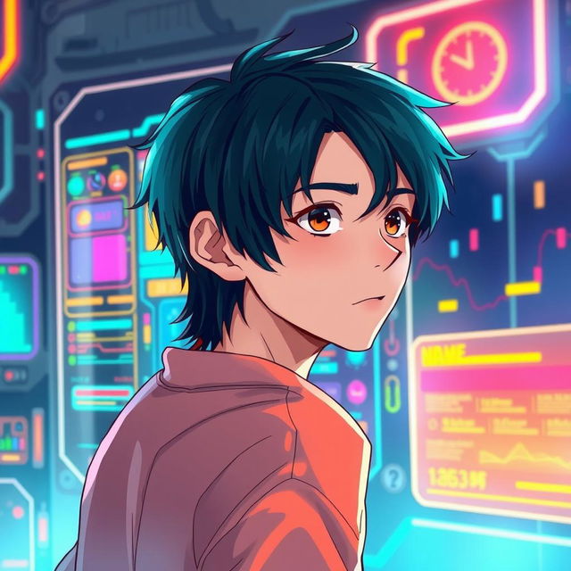 A teenager with black hair looking back with a holographic window in front of him, illustrated in a vivid and engaging style