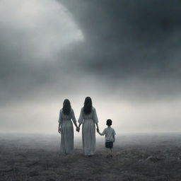 A comforting imaginary depiction of afterlife, where the mother and son are reunited. They stand together in an ethereal landscape, a stark contrast to the earthly chaos they left behind