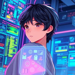 A teenager with black hair looking back with a holographic window in front of him, illustrated in a vivid and engaging style