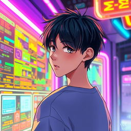 A teenager with black hair looking back with a holographic window in front of him, illustrated in a vivid and engaging style