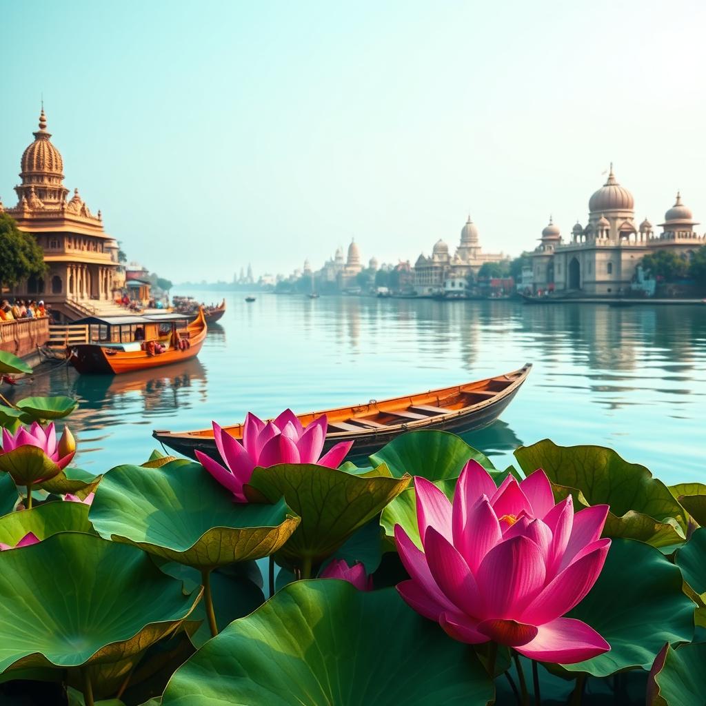 A serene scene of the Ganges river, showcasing beautifully detailed temples lining the riverbanks, traditional wooden boats gently floating on the water, and dark pink lotuses delicately resting atop vibrant green lotus leaves