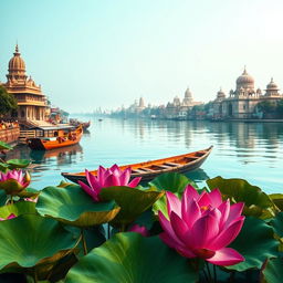 A serene scene of the Ganges river, showcasing beautifully detailed temples lining the riverbanks, traditional wooden boats gently floating on the water, and dark pink lotuses delicately resting atop vibrant green lotus leaves