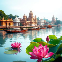 A serene scene of the Ganges river, showcasing beautifully detailed temples lining the riverbanks, traditional wooden boats gently floating on the water, and dark pink lotuses delicately resting atop vibrant green lotus leaves