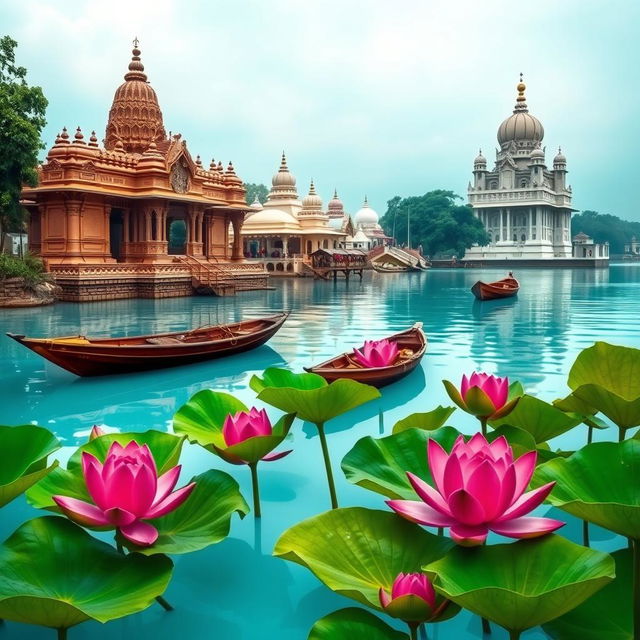 A serene scene of the Ganges river, showcasing beautifully detailed temples lining the riverbanks, traditional wooden boats gently floating on the water, and dark pink lotuses delicately resting atop vibrant green lotus leaves