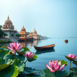 A serene scene of the Ganges river, showcasing beautifully detailed temples lining the riverbanks, traditional wooden boats gently floating on the water, and dark pink lotuses delicately resting atop vibrant green lotus leaves