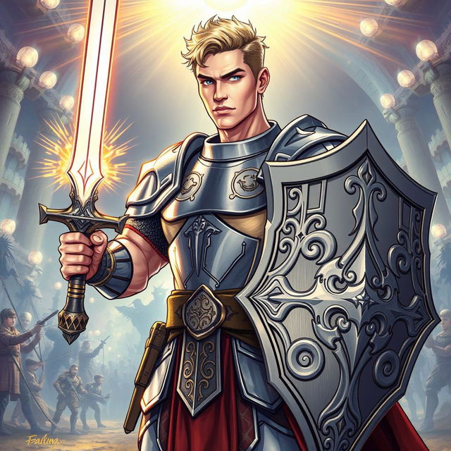 An illustration of a handsome human paladin inspired by Dungeons & Dragons, depicted in a detailed drawing style