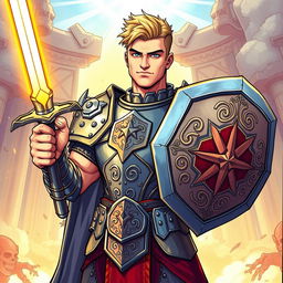 An illustration of a handsome human paladin inspired by Dungeons & Dragons, depicted in a detailed drawing style