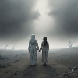 A comforting imaginary depiction of afterlife, where the mother and son are reunited. They stand together in an ethereal landscape, a stark contrast to the earthly chaos they left behind