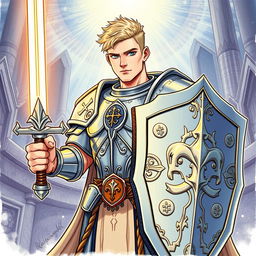 An illustration of a handsome human paladin inspired by Dungeons & Dragons, depicted in a detailed drawing style