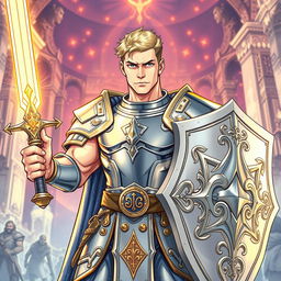 An illustration of a handsome human paladin inspired by Dungeons & Dragons, depicted in a detailed drawing style