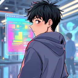 A teenager with black hair looking back with a holographic window in front of him, illustrated in a modern, stylish format