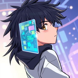 A teenager with black hair looking back with a holographic window in front of him, illustrated in a modern, stylish format