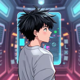 A teenager with black hair looking back with a holographic window in front of him, illustrated in a modern, stylish format