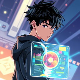 A teenager with black hair looking back with a holographic window in front of him, illustrated in a modern, stylish format