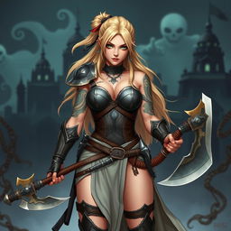 A human female character in the Dungeons & Dragons universe, depicted as a decadent barbarian sorceress around 25 years old