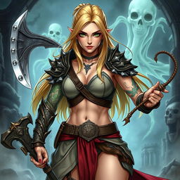 A human female character in the Dungeons & Dragons universe, depicted as a decadent barbarian sorceress around 25 years old