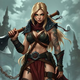 A human female character in the Dungeons & Dragons universe, depicted as a decadent barbarian sorceress around 25 years old