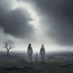 A comforting imaginary depiction of afterlife, where the mother and son are reunited. They stand together in an ethereal landscape, a stark contrast to the earthly chaos they left behind