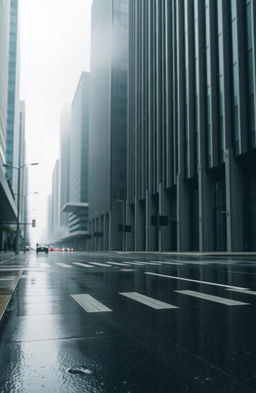 A minimalist cityscape during a gentle rain, with an emphasis on wind elements