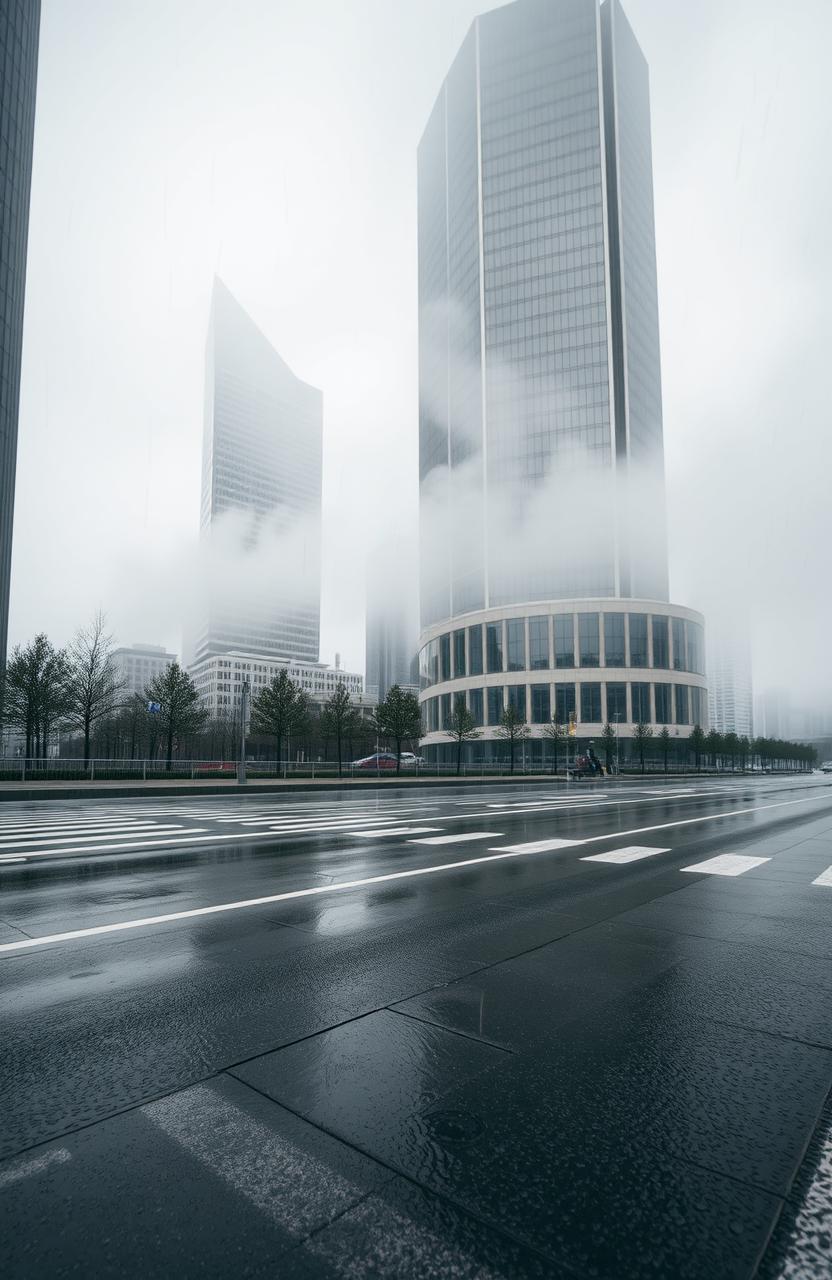 A minimalist cityscape during a gentle rain, with an emphasis on wind elements