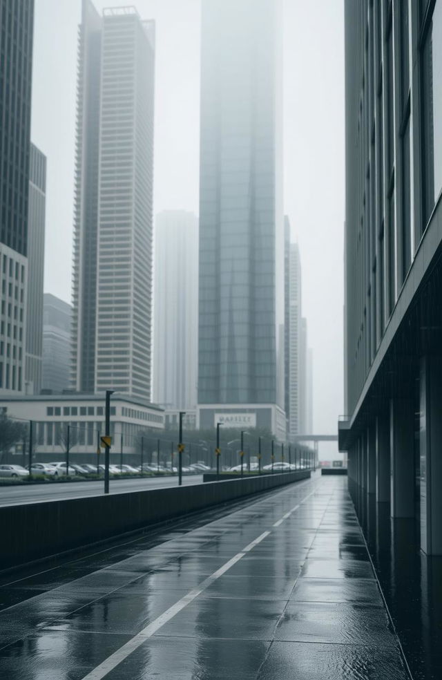 A minimalist cityscape during a gentle rain, with an emphasis on wind elements