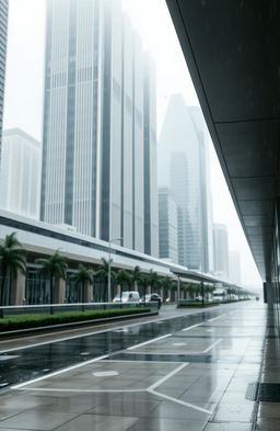 A minimalist cityscape during a gentle rain, with an emphasis on wind elements