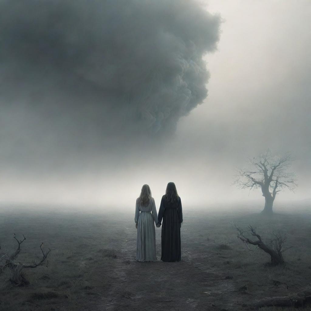 A comforting imaginary depiction of afterlife, where the mother and son are reunited. They stand together in an ethereal landscape, a stark contrast to the earthly chaos they left behind