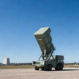 An advanced anti-missile defense system, with sophisticated technology and details, set against a backdrop of a military base under a clear sky.