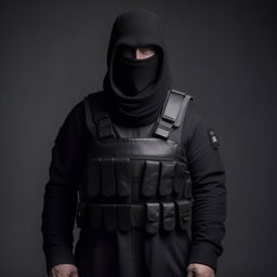 A Hollywood-style kidnapper commander shrouded in a black long coat and a bullet-proof vest, projecting an aura of cold menace and authority.