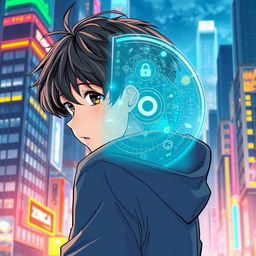 A teenager with black hair looking back with a holographic window in front of him, beautifully illustrated in a manhwa style