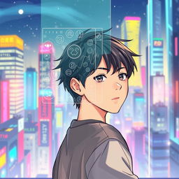 A teenager with black hair looking back with a holographic window in front of him, beautifully illustrated in a manhwa style