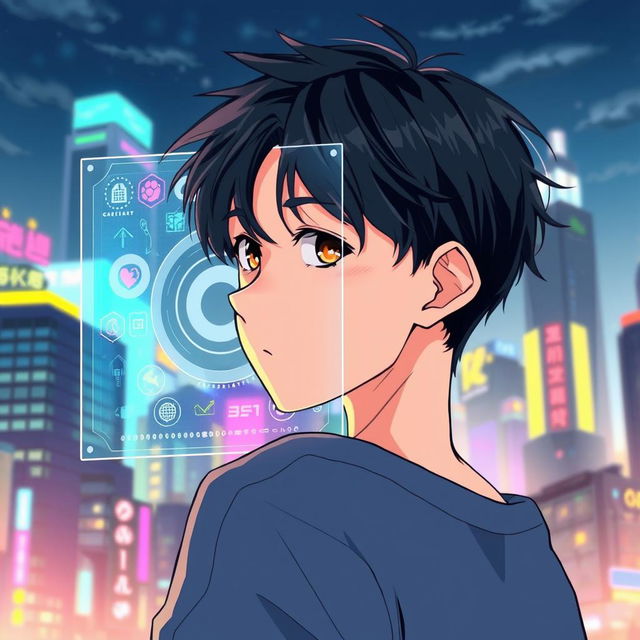 A teenager with black hair looking back with a holographic window in front of him, beautifully illustrated in a manhwa style