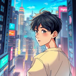 A teenager with black hair looking back with a holographic window in front of him, beautifully illustrated in a manhwa style