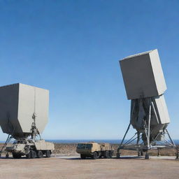 An advanced anti-missile defense system, with sophisticated technology and details, set against a backdrop of a military base under a clear sky.